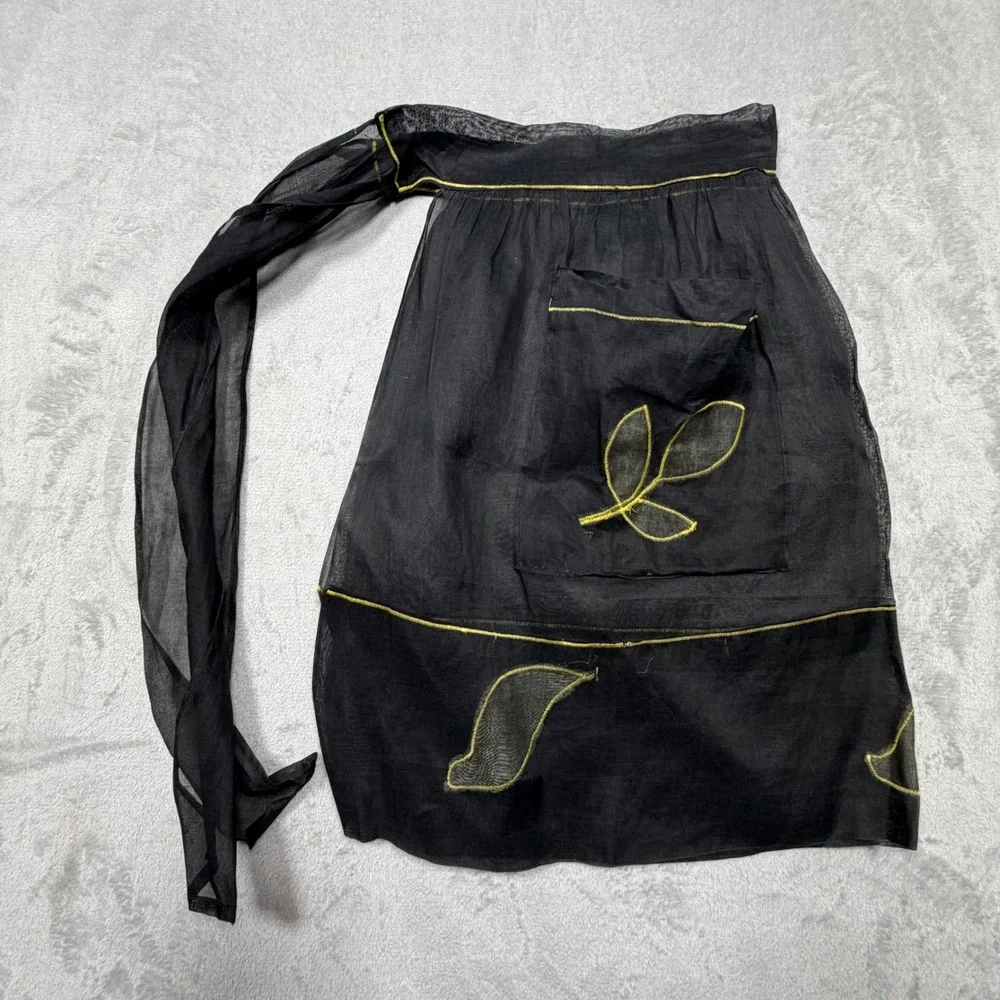 Vintage 1950s Sheer Black Organza Hostess Apron Yellow Embroidered Leaf One Size